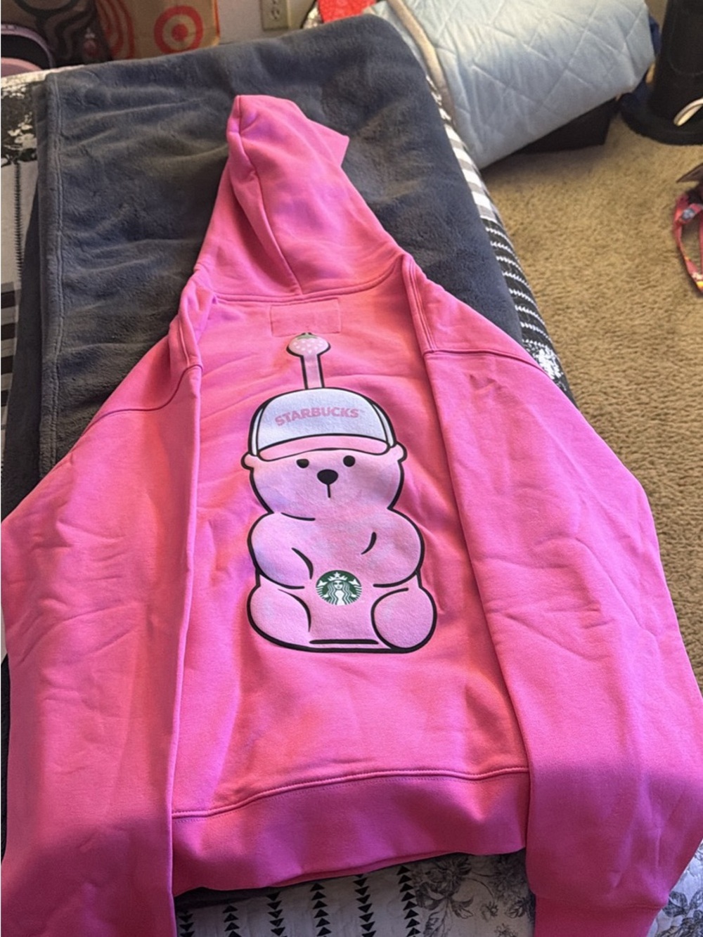 Starbucks Pink Hoodie with Bear Bubble Tea Graphic